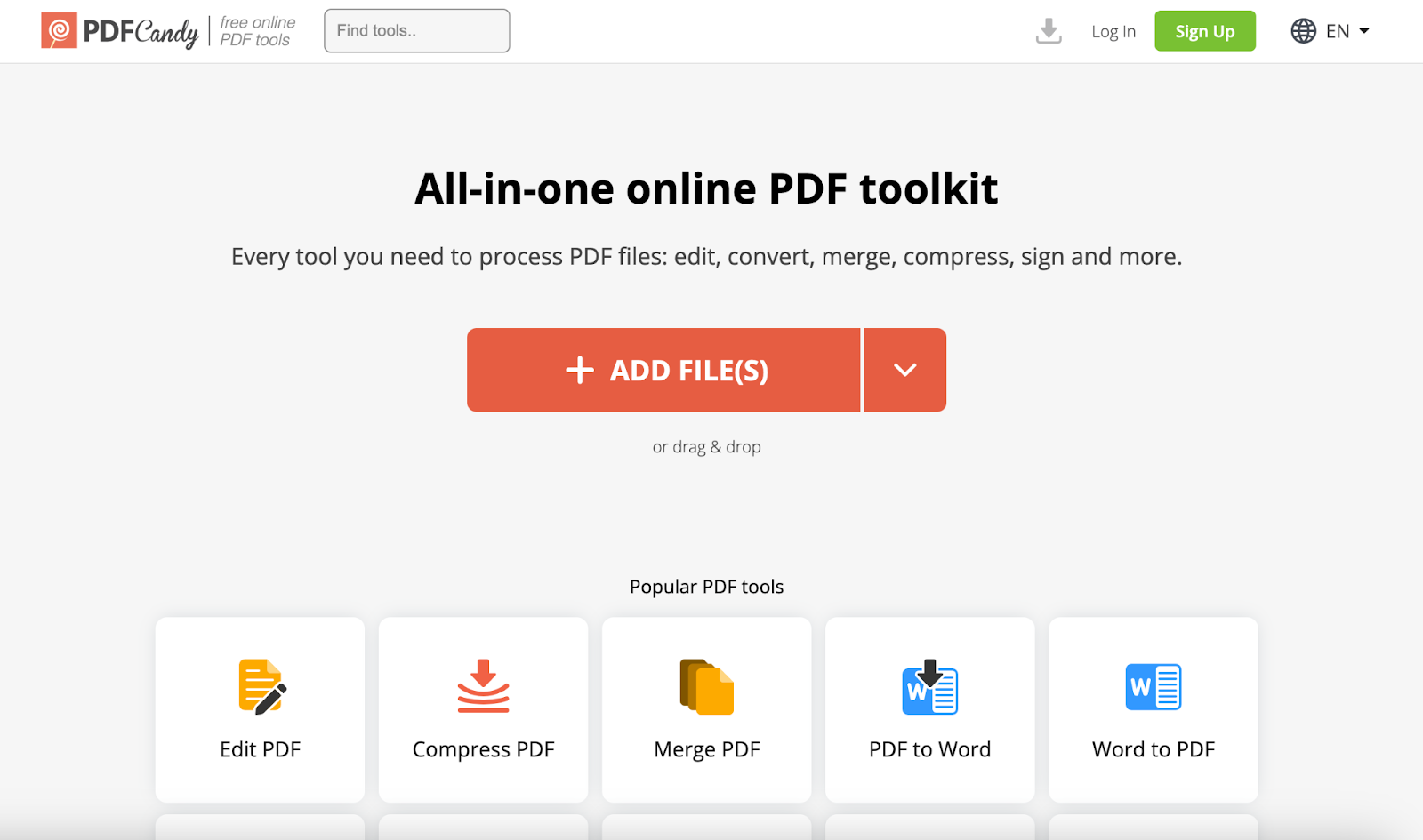 screenshot of PDFCandy landing page with the words all in one online pdf toolkit