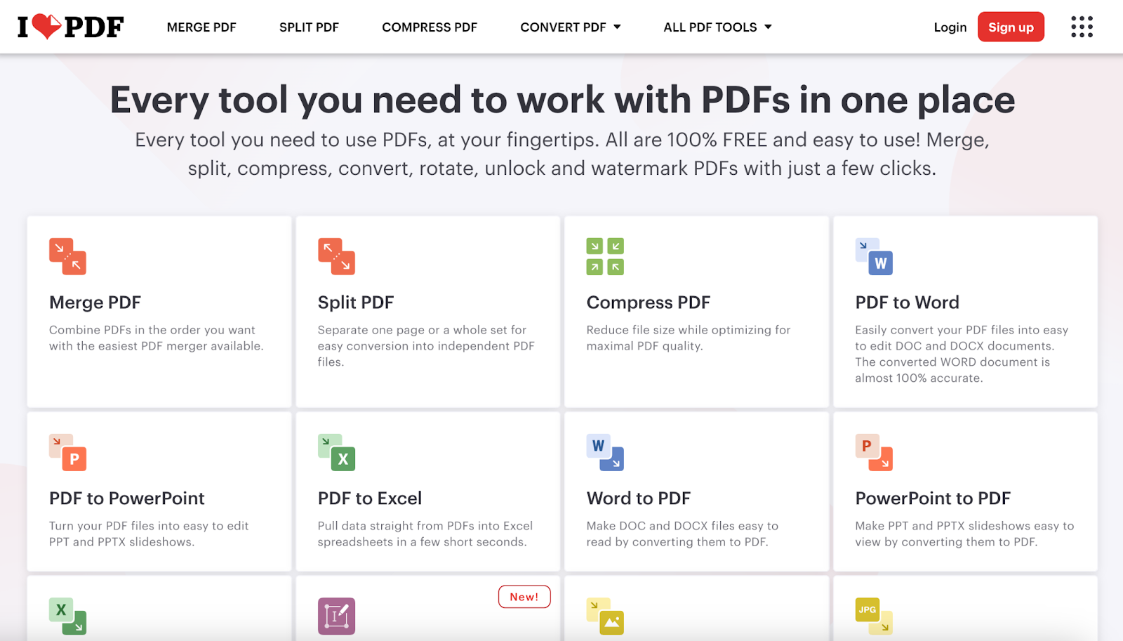 screenshot of iLovePDF landing page with the words every tool you need to work with PDFs in one place