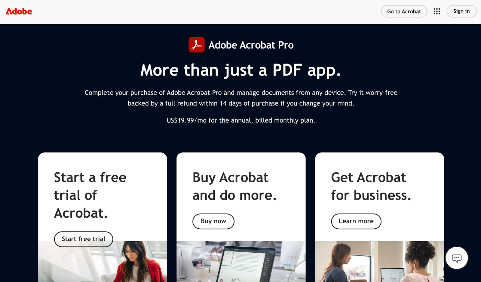 screenshot of adobe acrobat pro landing page with the words more than just a pdf app