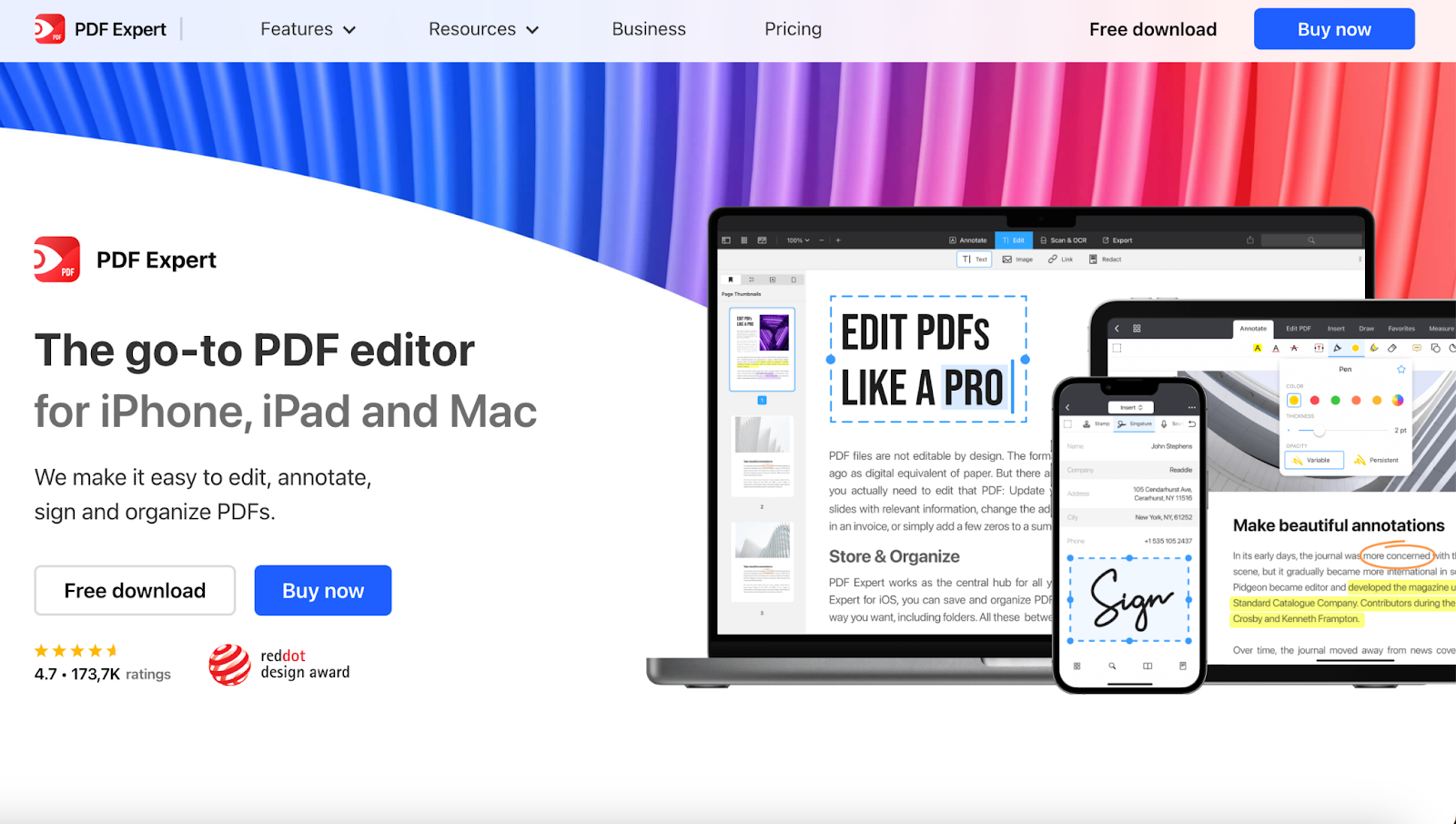 PDF Expert website homepage with the words the go to pdf editor for iPhone iPad and Mac