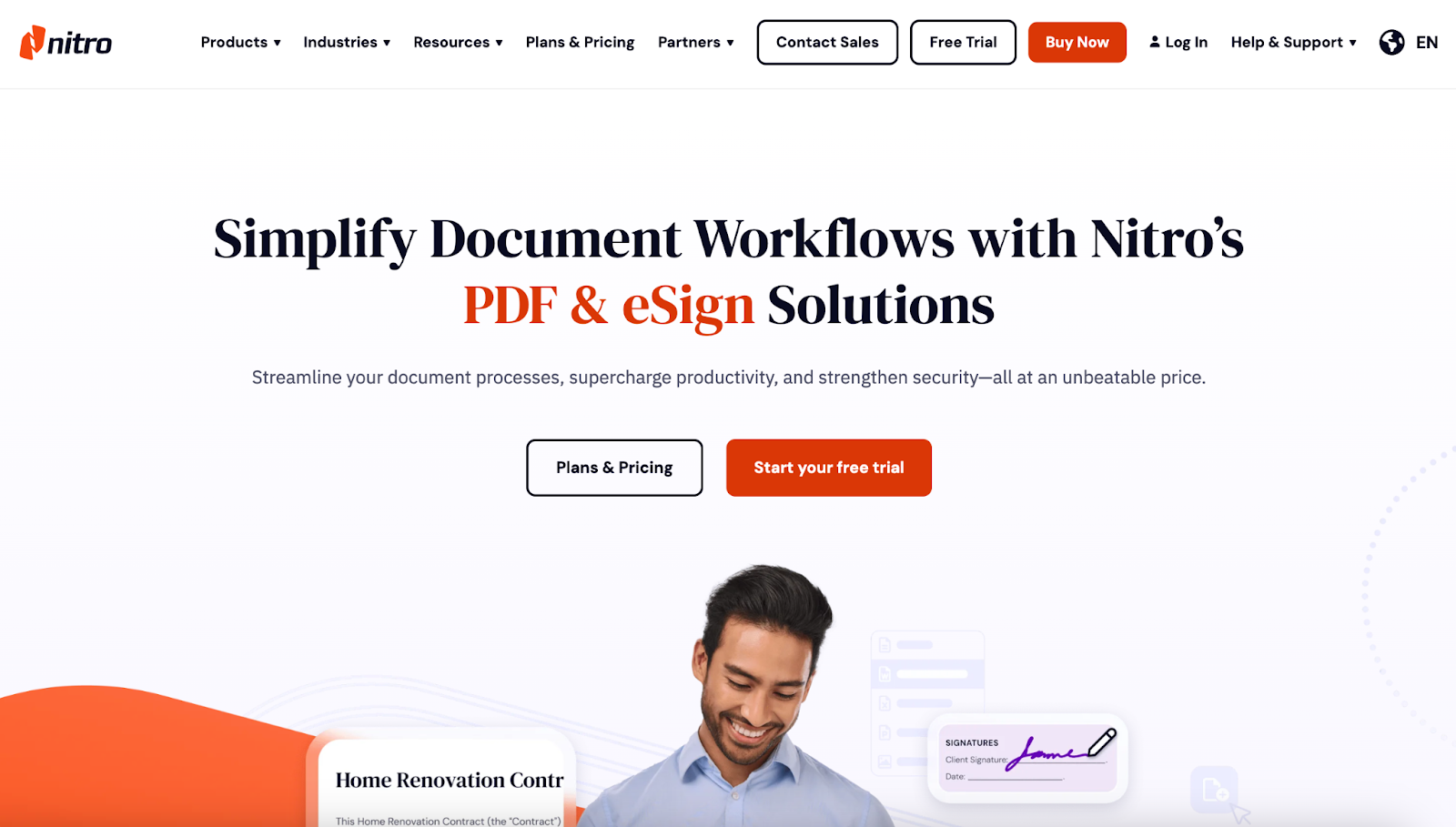 screenshot of Nitro website homepage with the following words simplify document workflows with nitro's pdf and esign solutions
