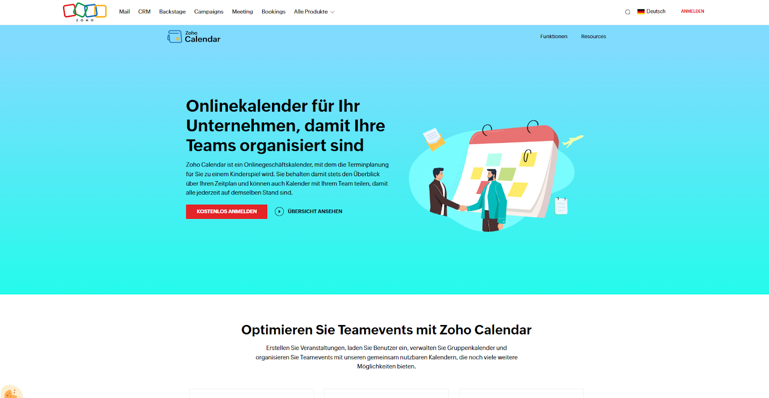 Landingpage von Zoho Kalender