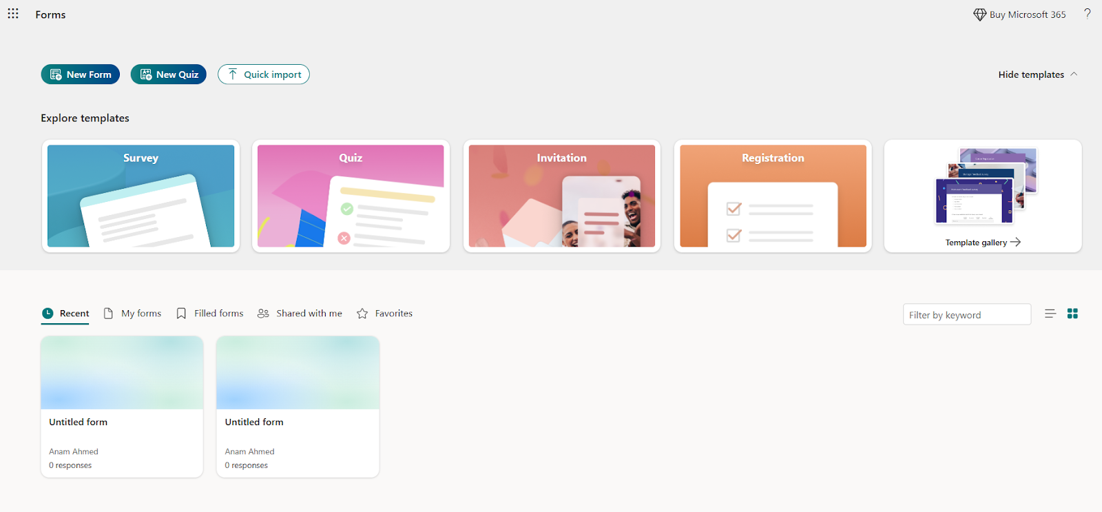 Microsoft Forms Main Menu
