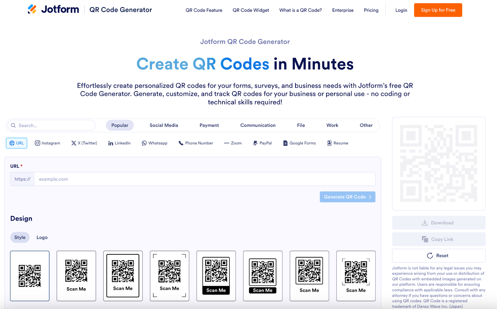 screenshot of Jotform's QR code generator product landing page