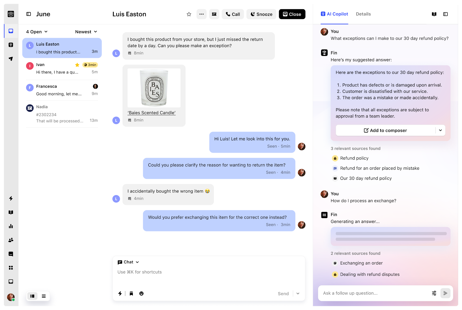 Interface utilisateur d’Intercom