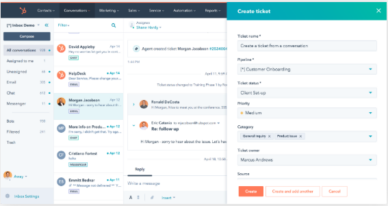 Interface utilisateur de HubSpot Service Hub