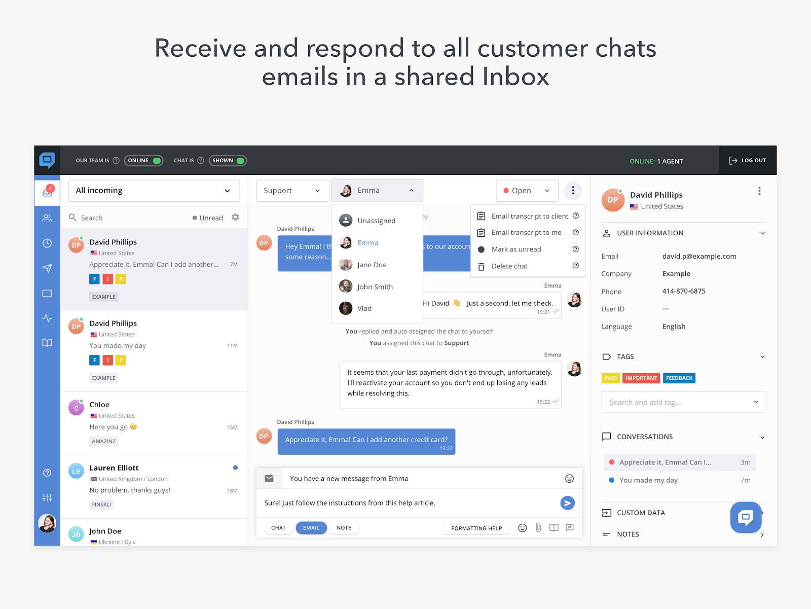 Interface utilisateur de HelpCrunch