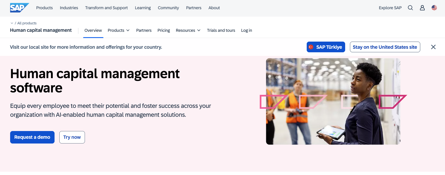 screenshot of human capital management software SAP's website homepage 