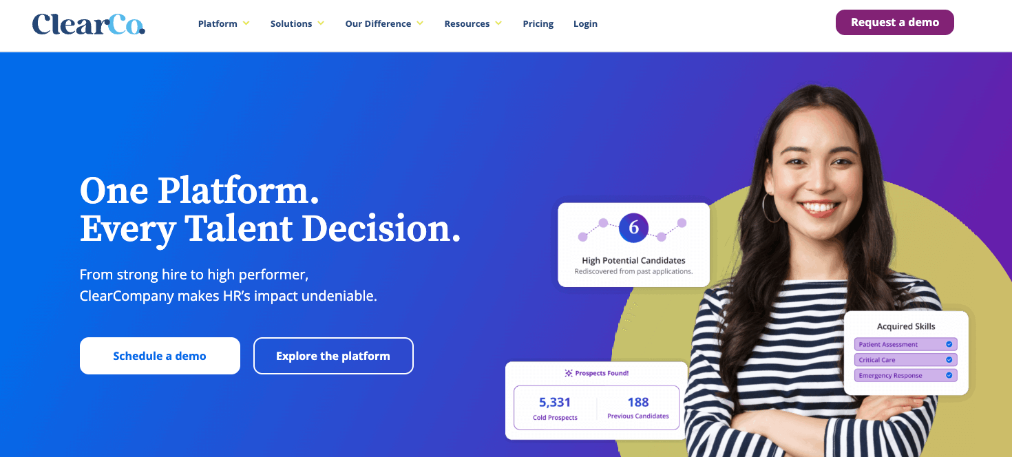 screenshot of clear company website homepage one platform every talent decision