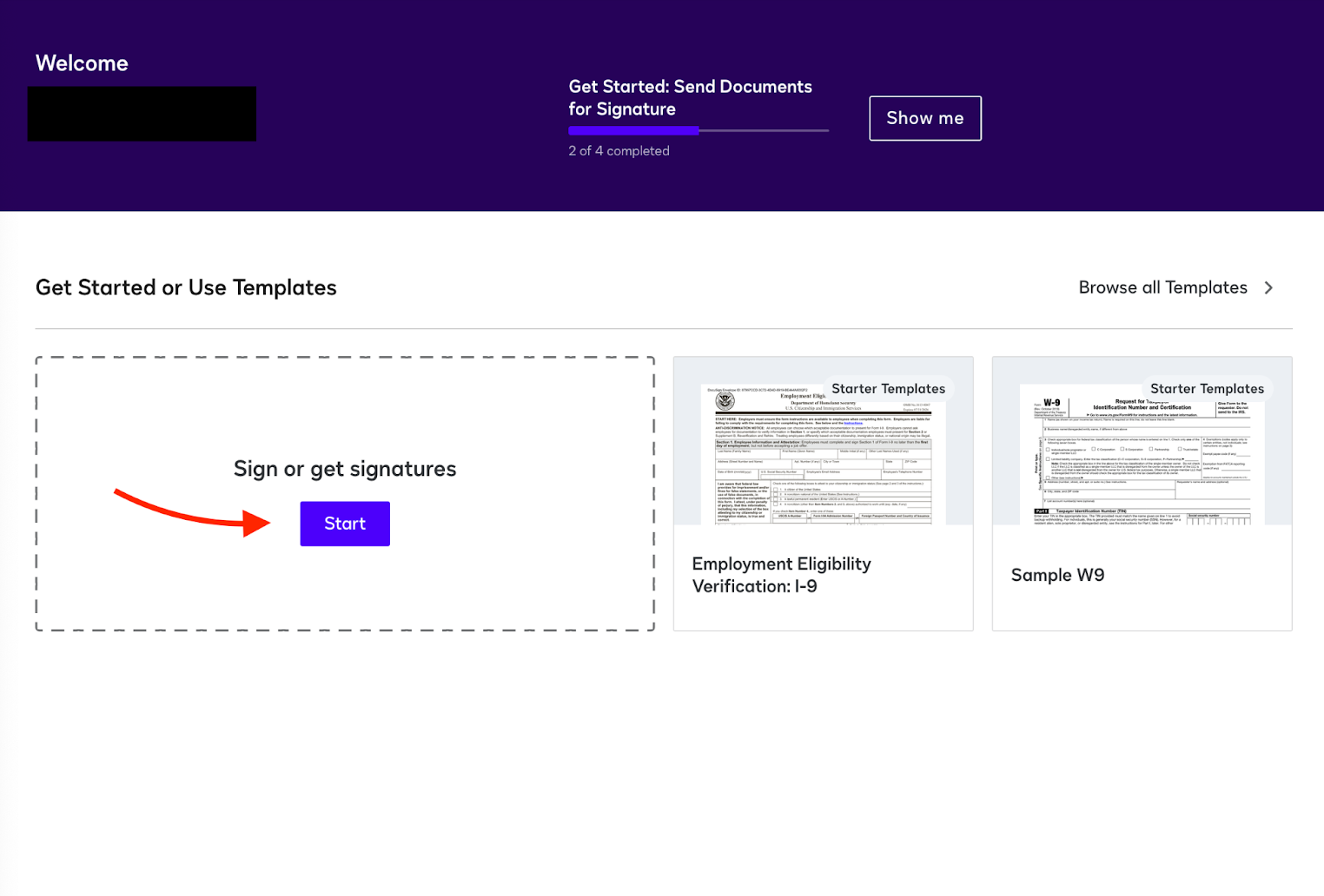 Clicking on the Start button under the Get Started or Use Templates heading on Docusign