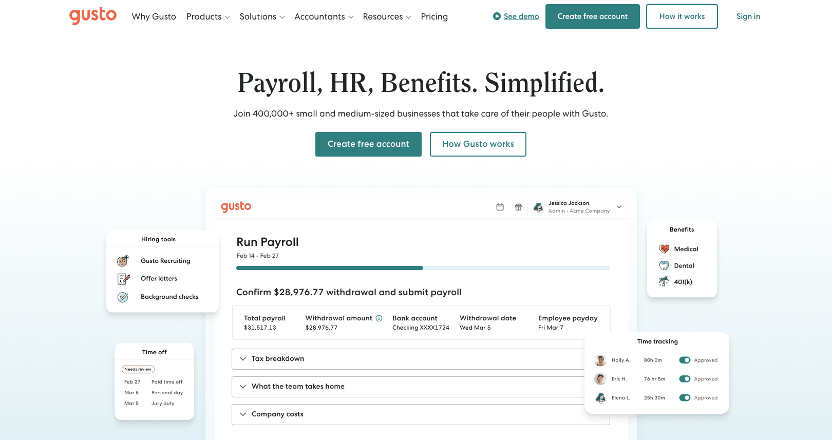 screenshot of Gusto website homepage with the words payroll, hr, benefits, simplified
