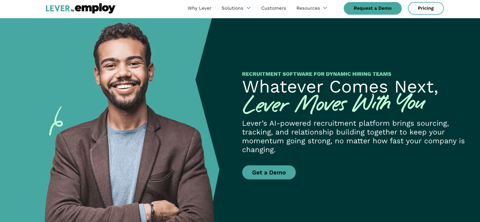 screenshot of Lever by Employ website homepage with the words whatever comes next, lever moves with you
