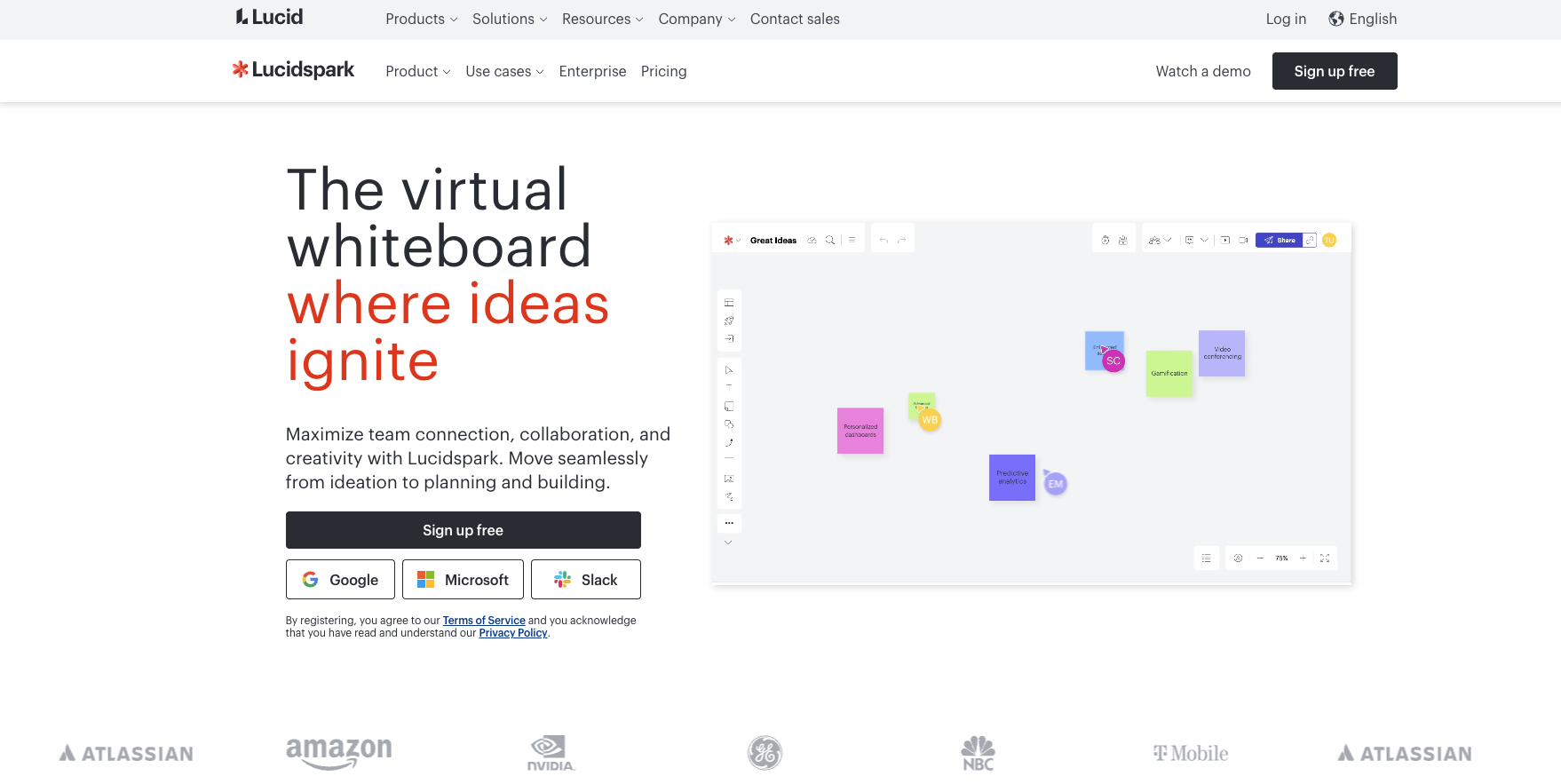 screenshot of Lucidspark website homepage with the following words the virtual whiteboard where ideas ignite