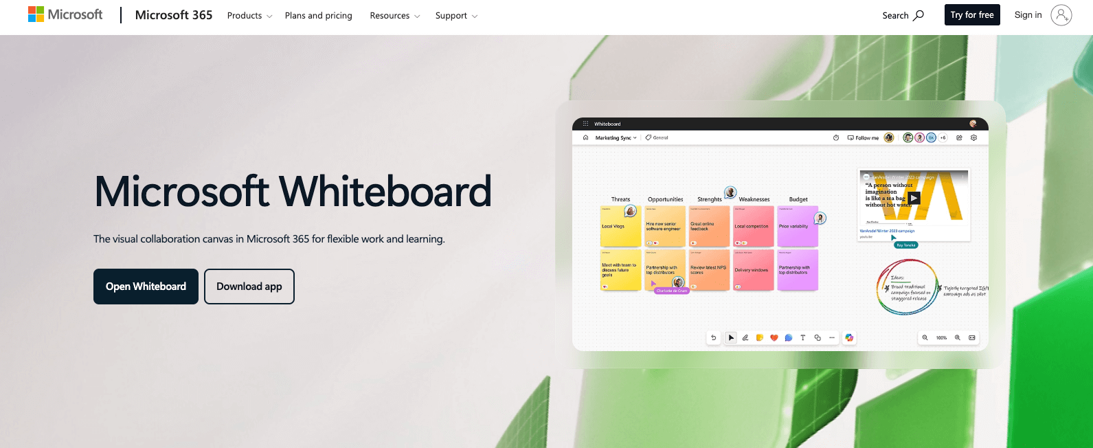 screenshot of microsoft whiteboard website landing page 