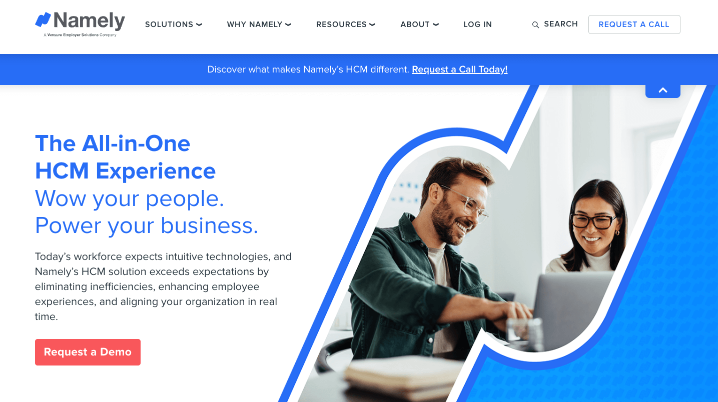 screenshot of Namely website homepage with the words the all in one HCM experience