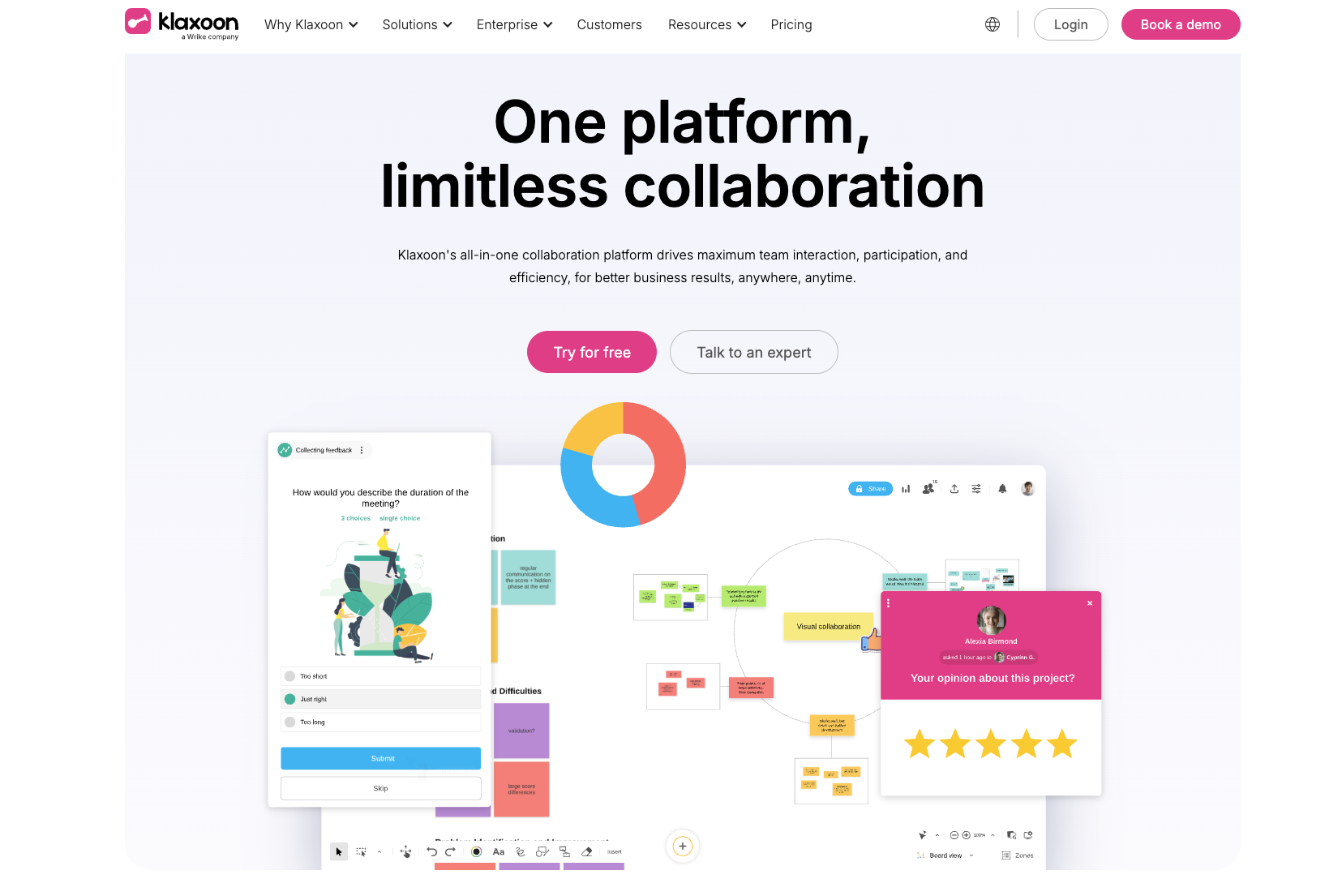 screenshot of klaxoon website homepage with the words one platform limitless collaboration
