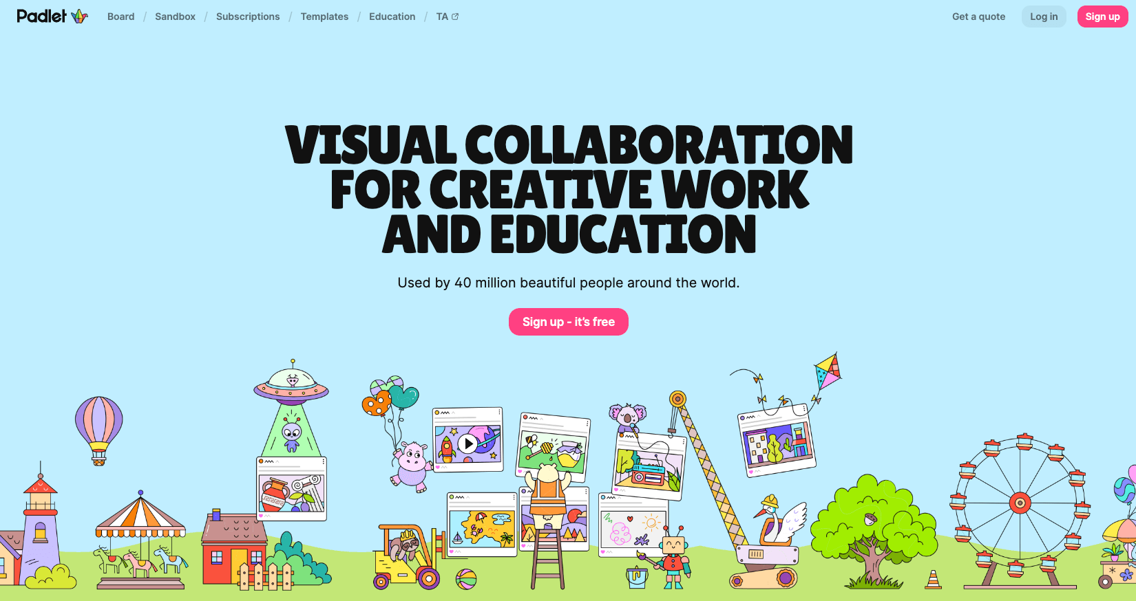 screenshot of padlet website homepage with the words visual collaboration for creative work and education