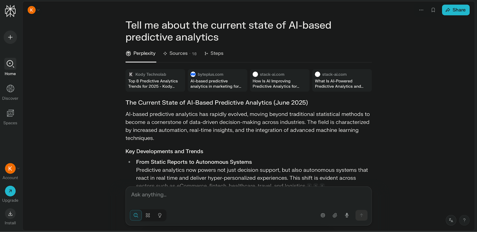 Benutzeroberfläche von Perplexity AI