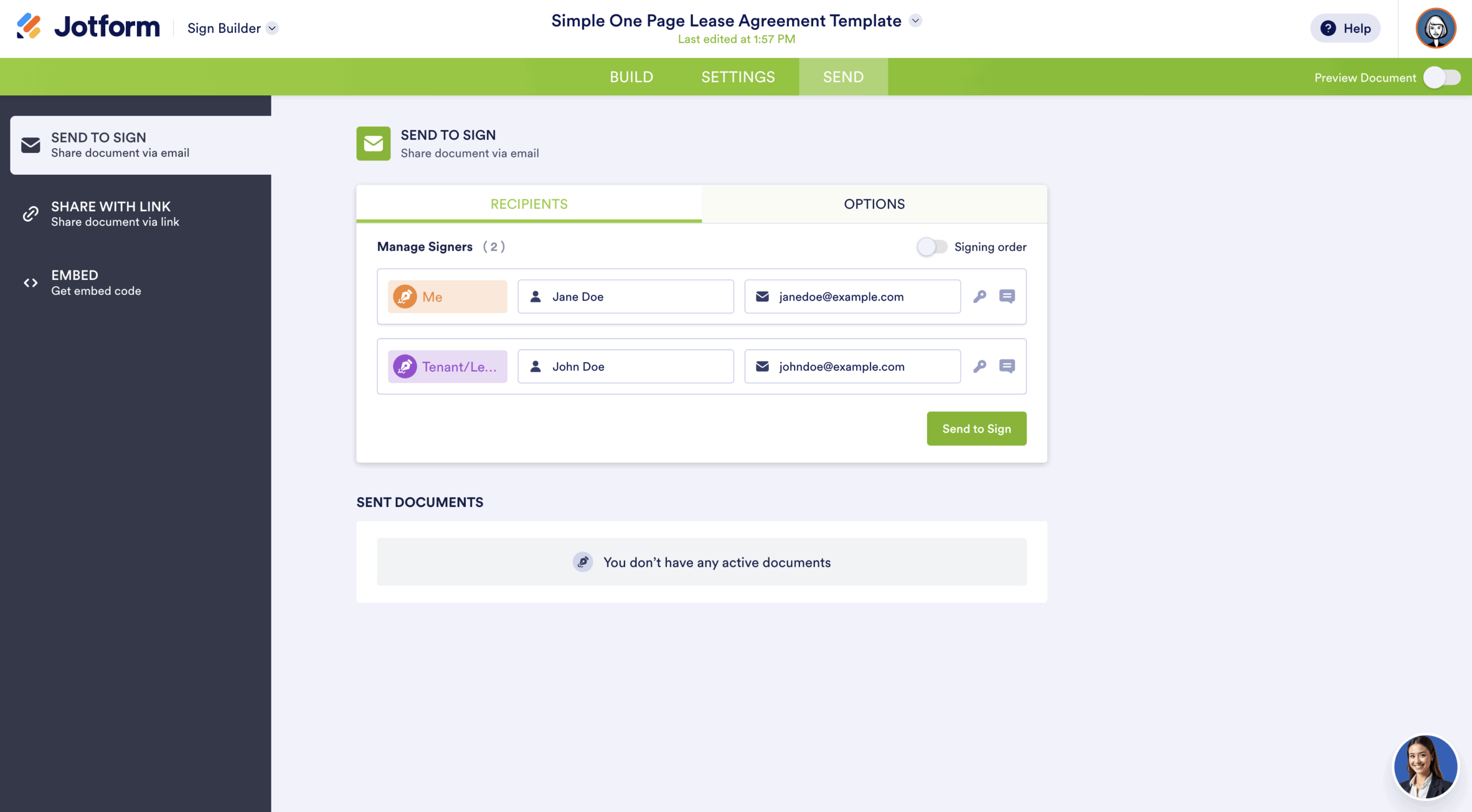 Send to Sign flow on Jotform Sign Builder