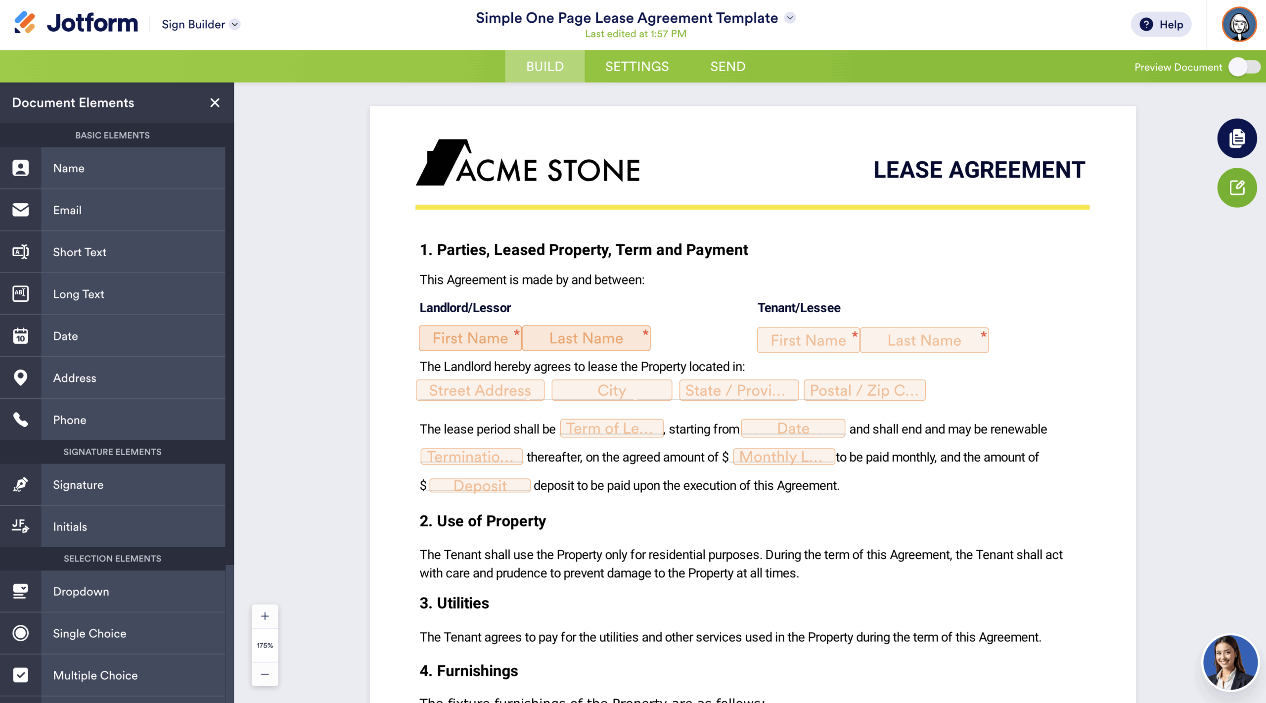 Simple One Page Lease Agreement Template viewed on Jotform Sign Builder