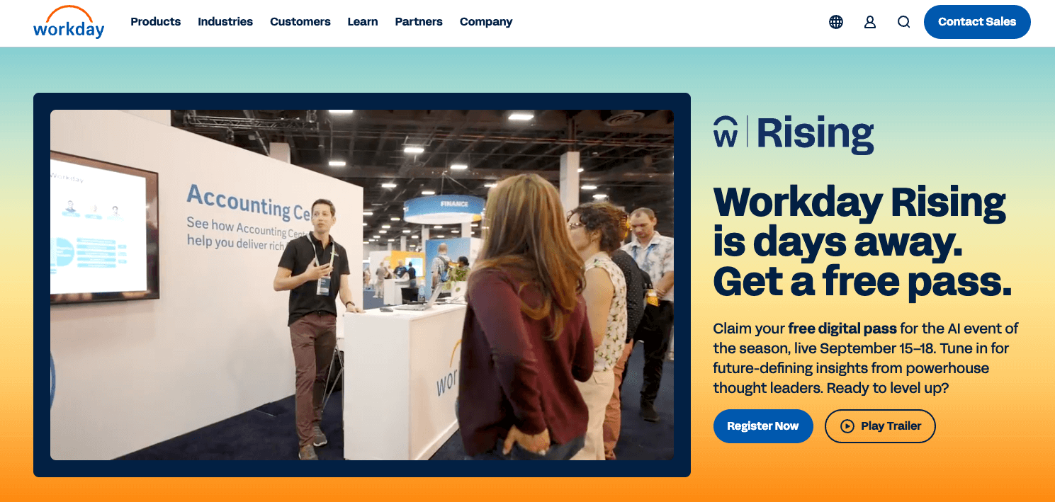 screenshow of workday website homepage with the following words workdau rising is days away