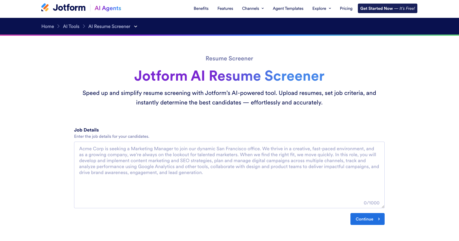 screenshot of jotform AI resume screener landing page with the words speed up and simplify resume screening with Jotform's AI powered tool