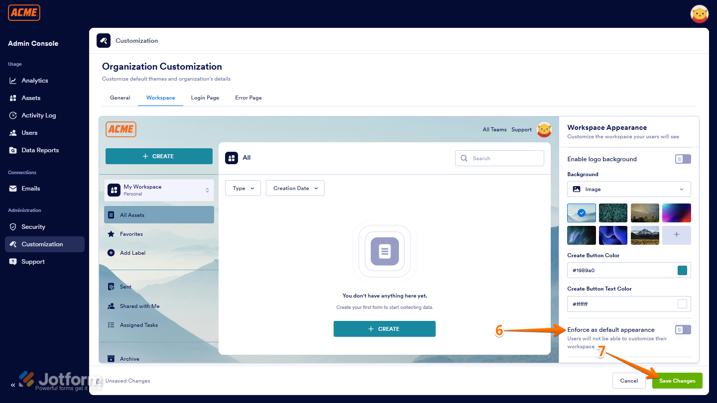 Save Changes for the Workspace Customization in the Admin Console of Jotform Enterprise
