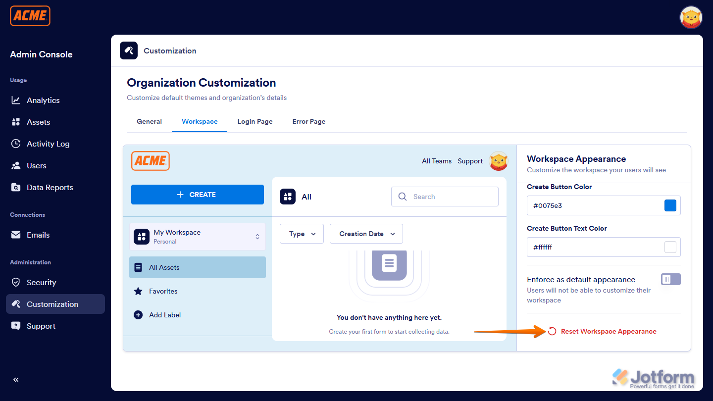Reset Workspace Appearance in the Admin Console of Jotform Enterprise