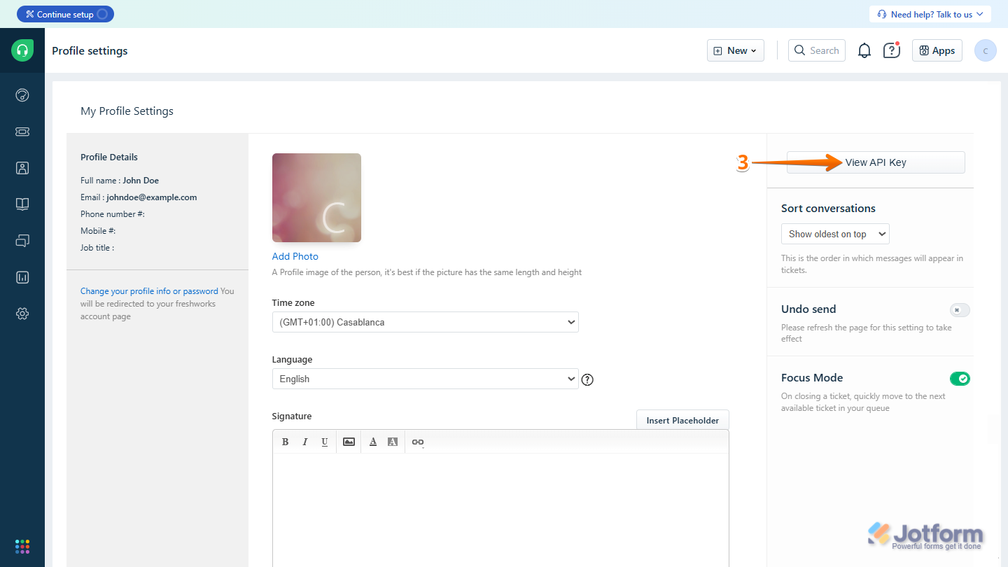 Clicking View API Key to display unique API key in Freshdesk