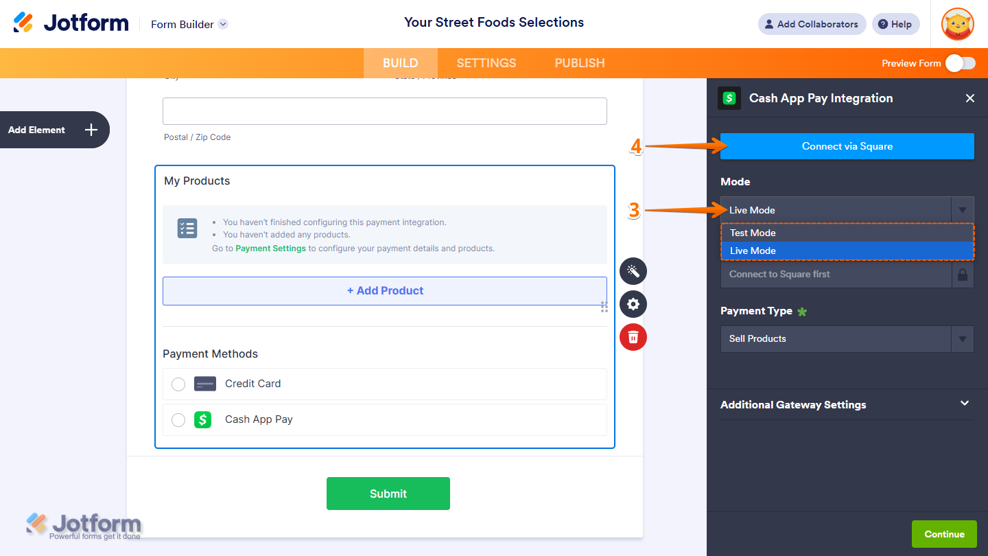 Cash App Pay Integration menu open on the right side with the Mode dropdown visible, showing options for Live Mode and Test Mode