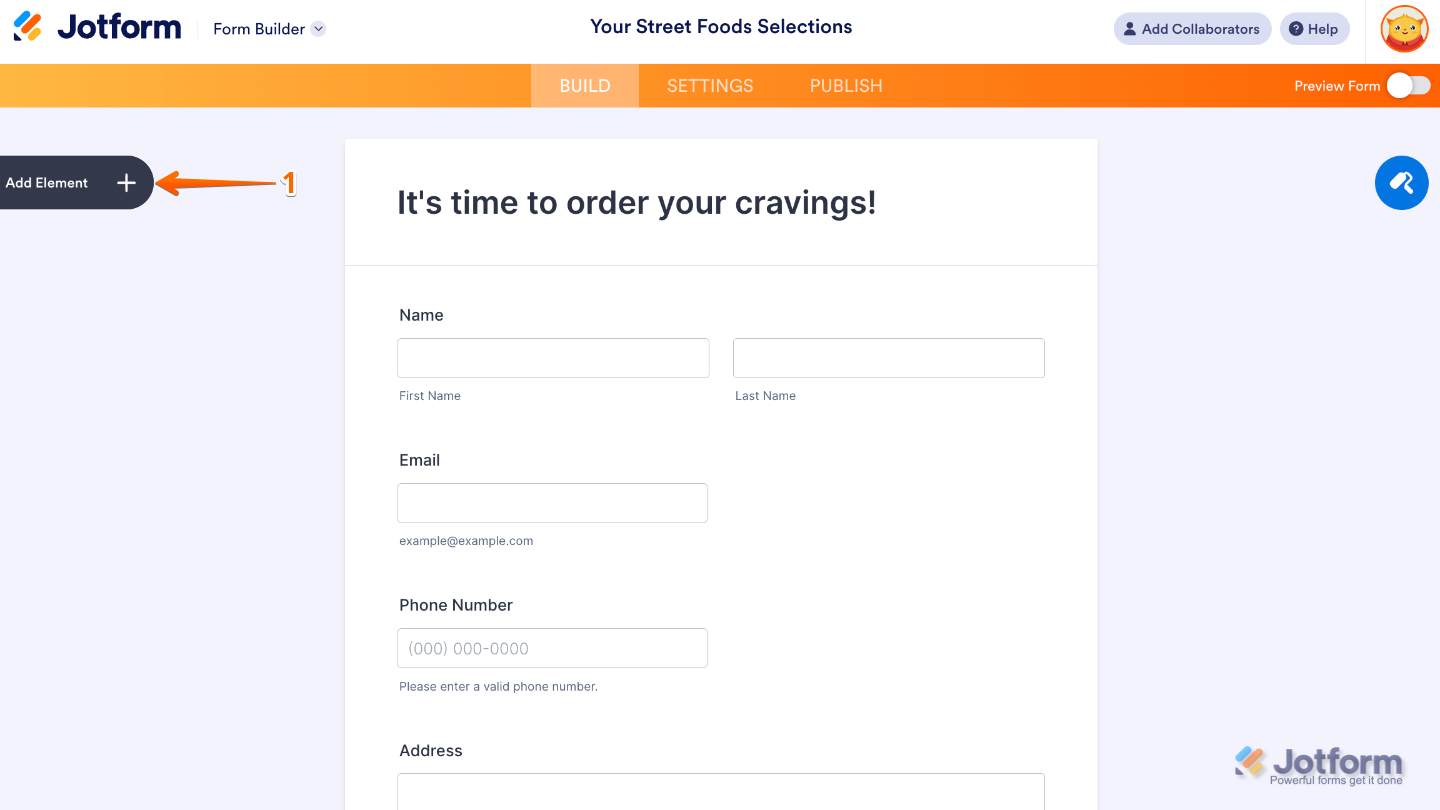 Form Builder interface showing the left panel where the Add Element button is highlighted
