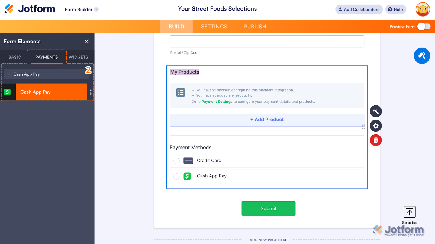 Form Elements menu open with the Payments tab selected, showing Cash App Pay highlighted