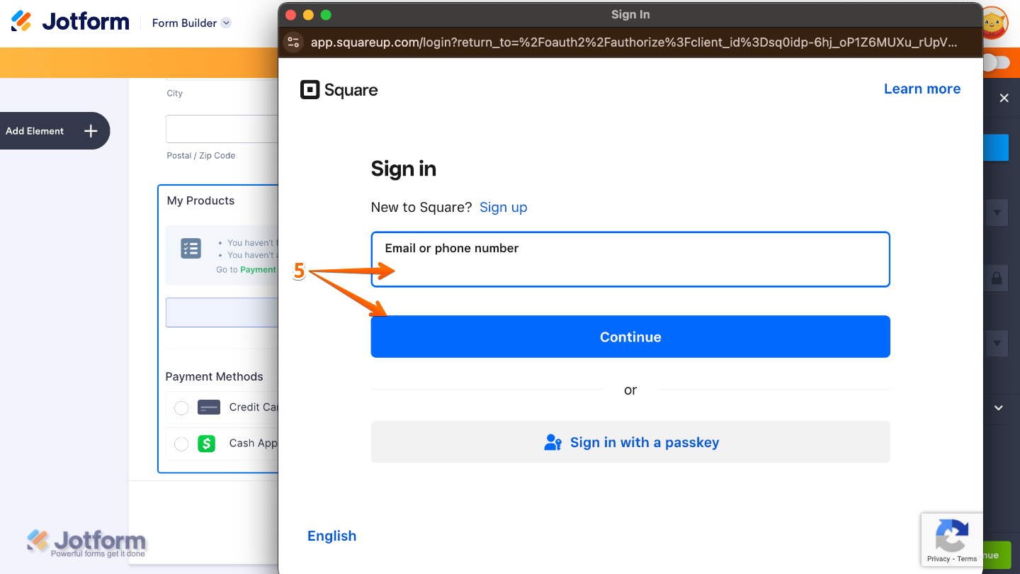 Square Sign In window displayed with an email address input field and a Continue button highlighted, prompting users to log in and authenticate their Square account for form Cash App Pay integration