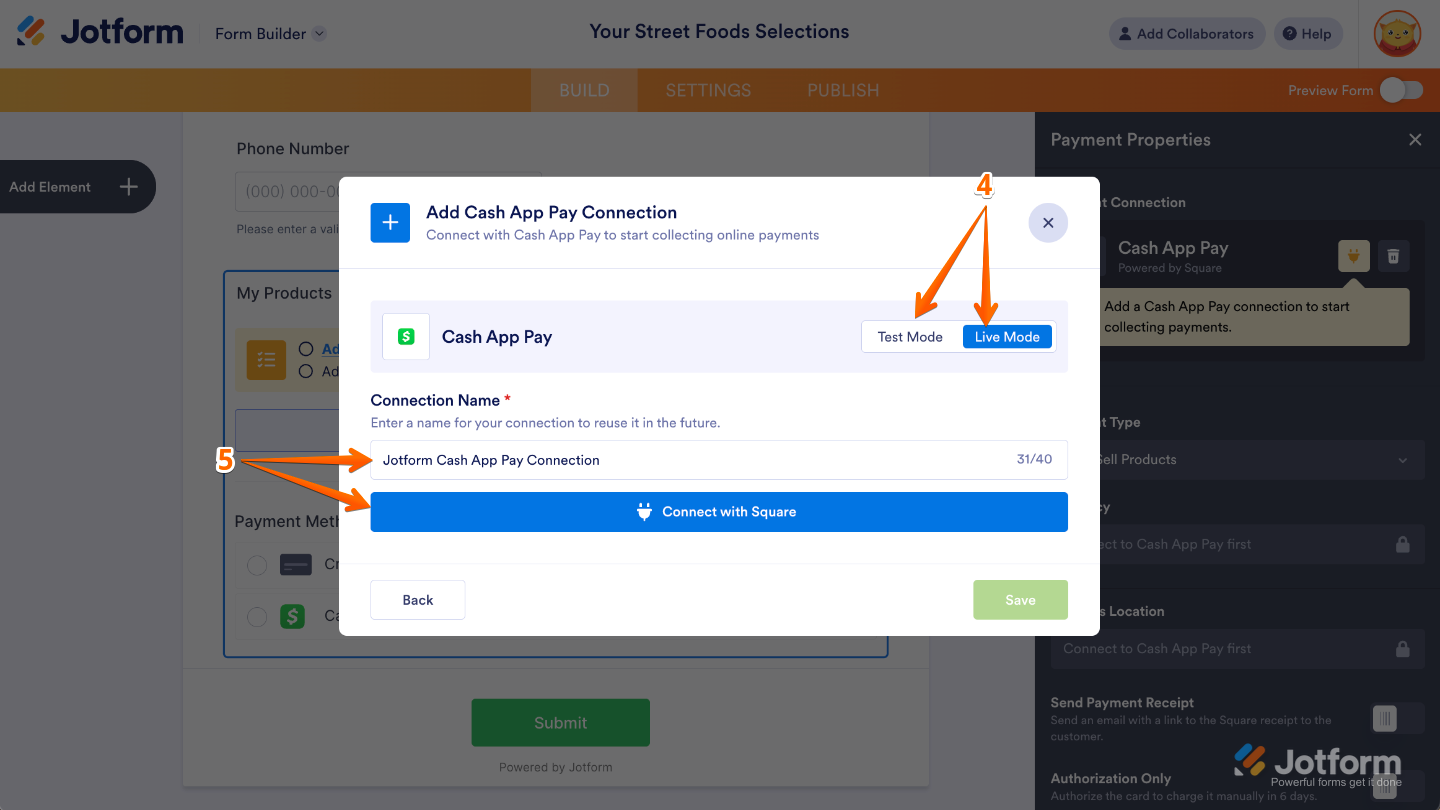 Add Cash App Pay Connection window in Jotform showing Test Mode and Live Mode options at the top, with fields for entering a Connection Name and a Connect with Square button highlighted for setup