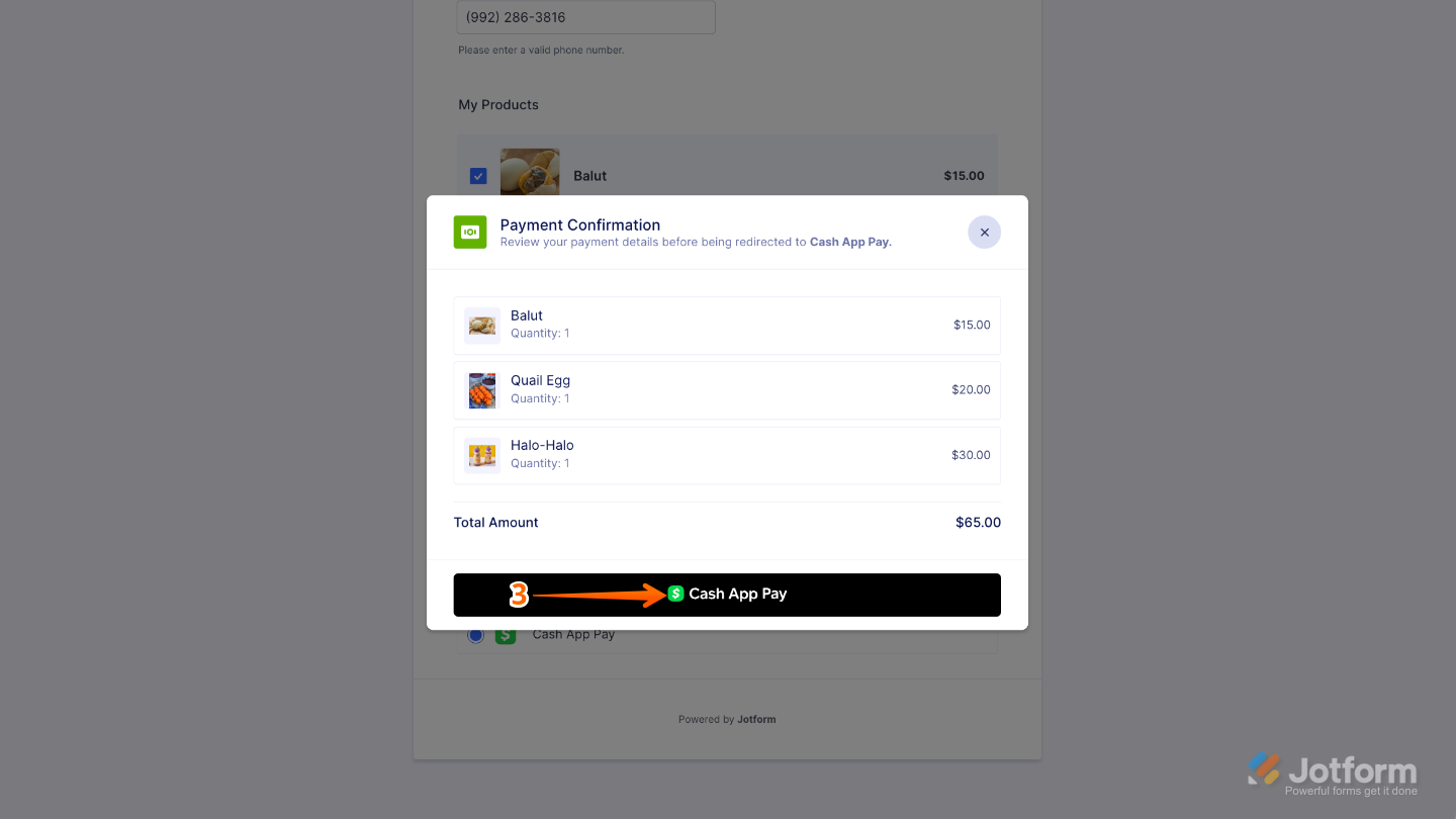 Payment confirmation window in Jotform showing the customer clicking on Cash App Pay to proceed with the transaction