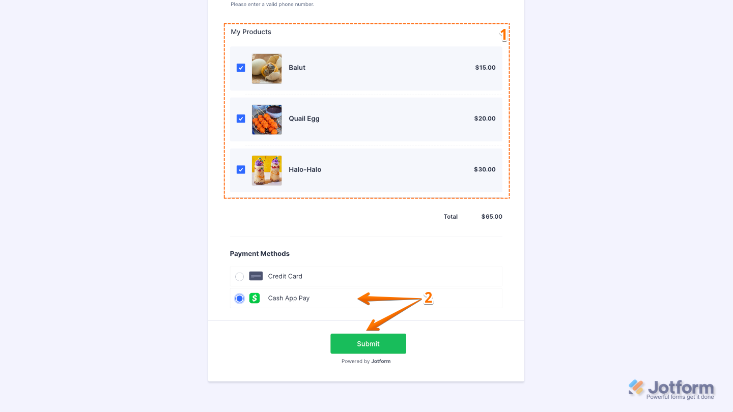 Order form showing a customer selecting a product, choosing Cash App Pay as the payment method, and clicking Submit to complete the purchase