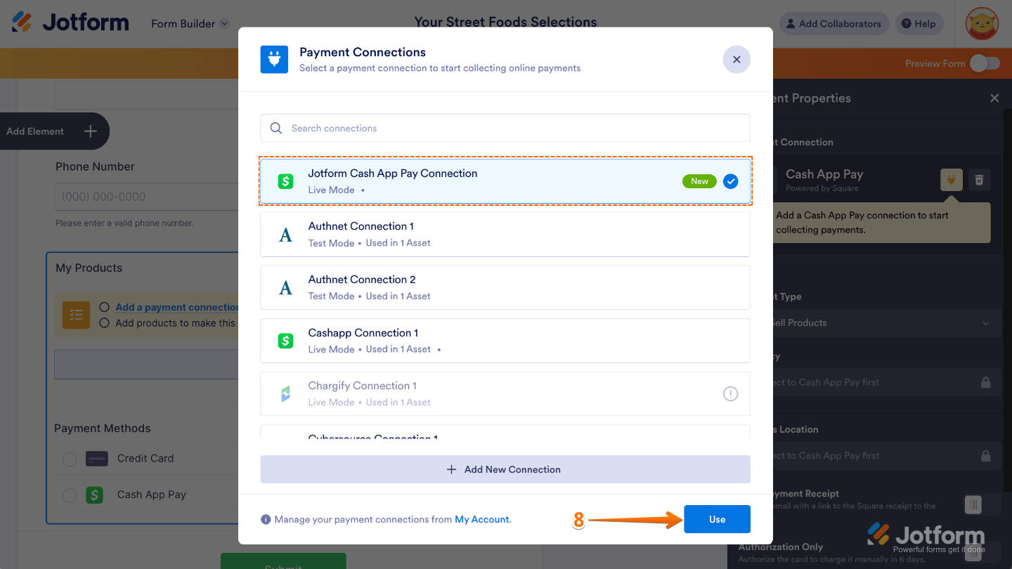 Payment Connections window with available connections listed, highlighting the Use button for selecting a connection