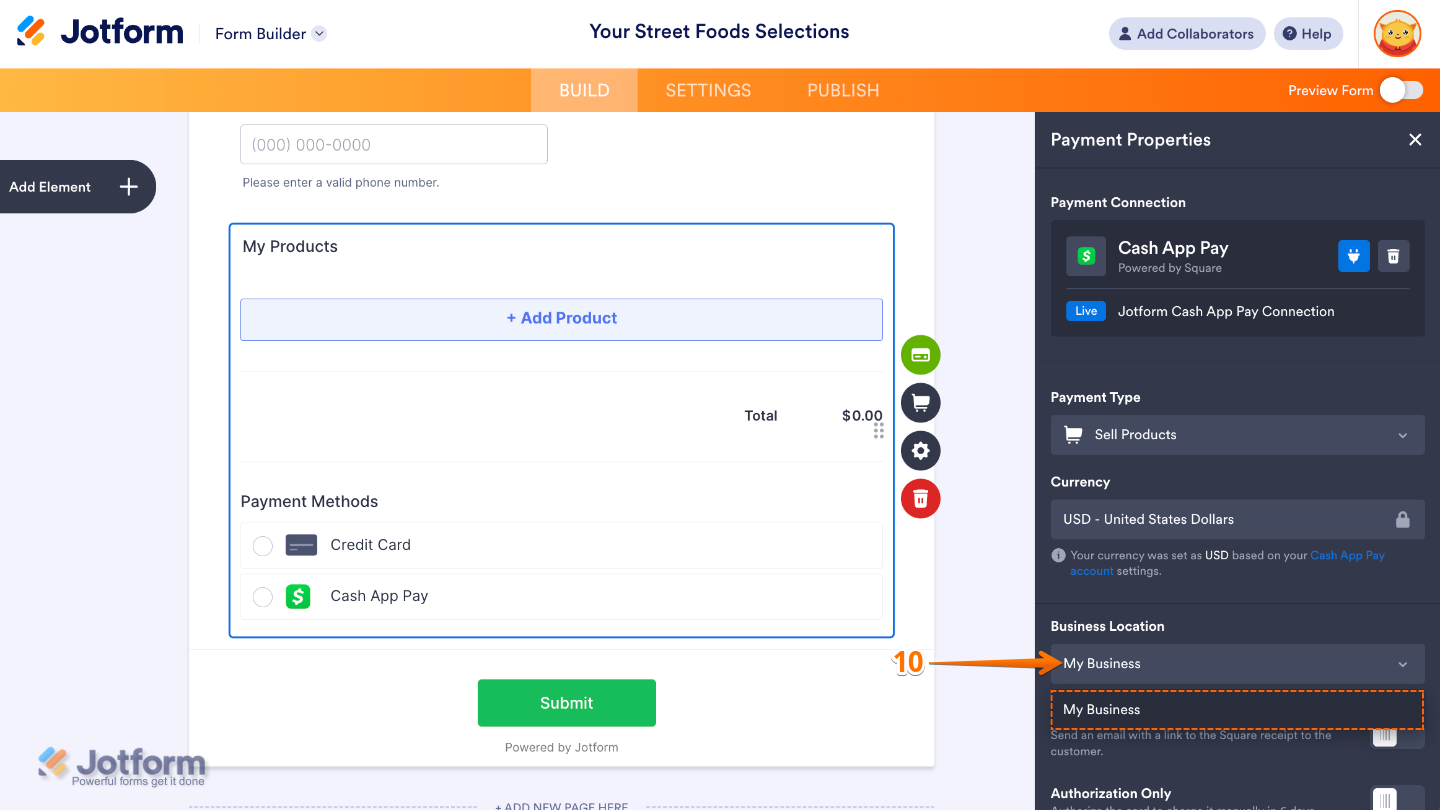 Payment Settings screen showing the Currency field locked to USD by default, with the Business Location dropdown menu ready for selection