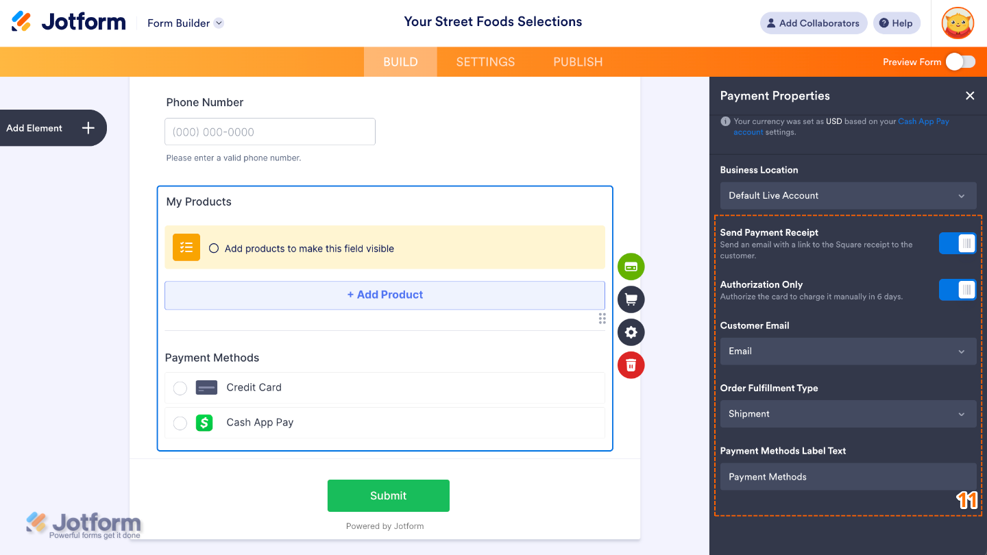 Payment Settings panel scrolled down to advanced options, showing toggles and dropdowns for Send Payment Receipt, Authorization Only, Customer Email mapping, Order Fulfillment Type (Pickup or Shipment), and Payment Methods Label Text customization