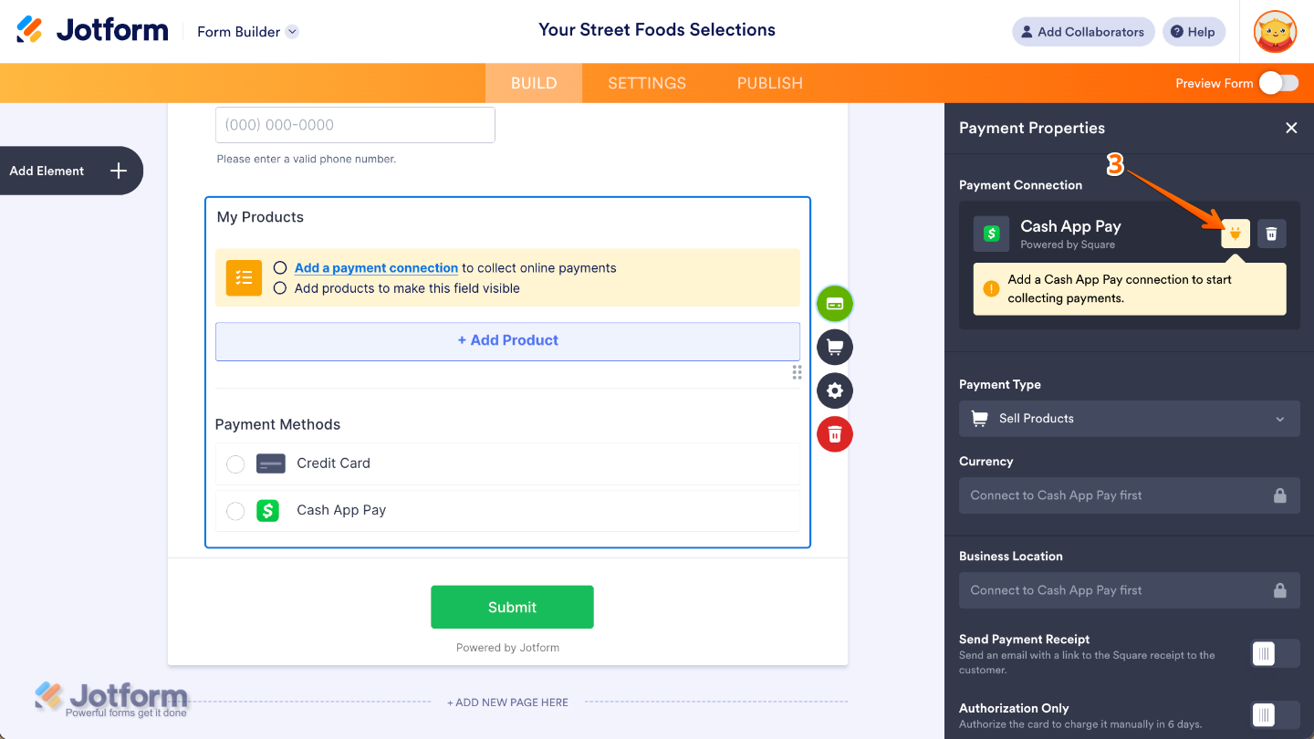 Jotform Payment Properties panel open on the right side of the screen, highlighting the Plug icon that users can click to open integration settings
