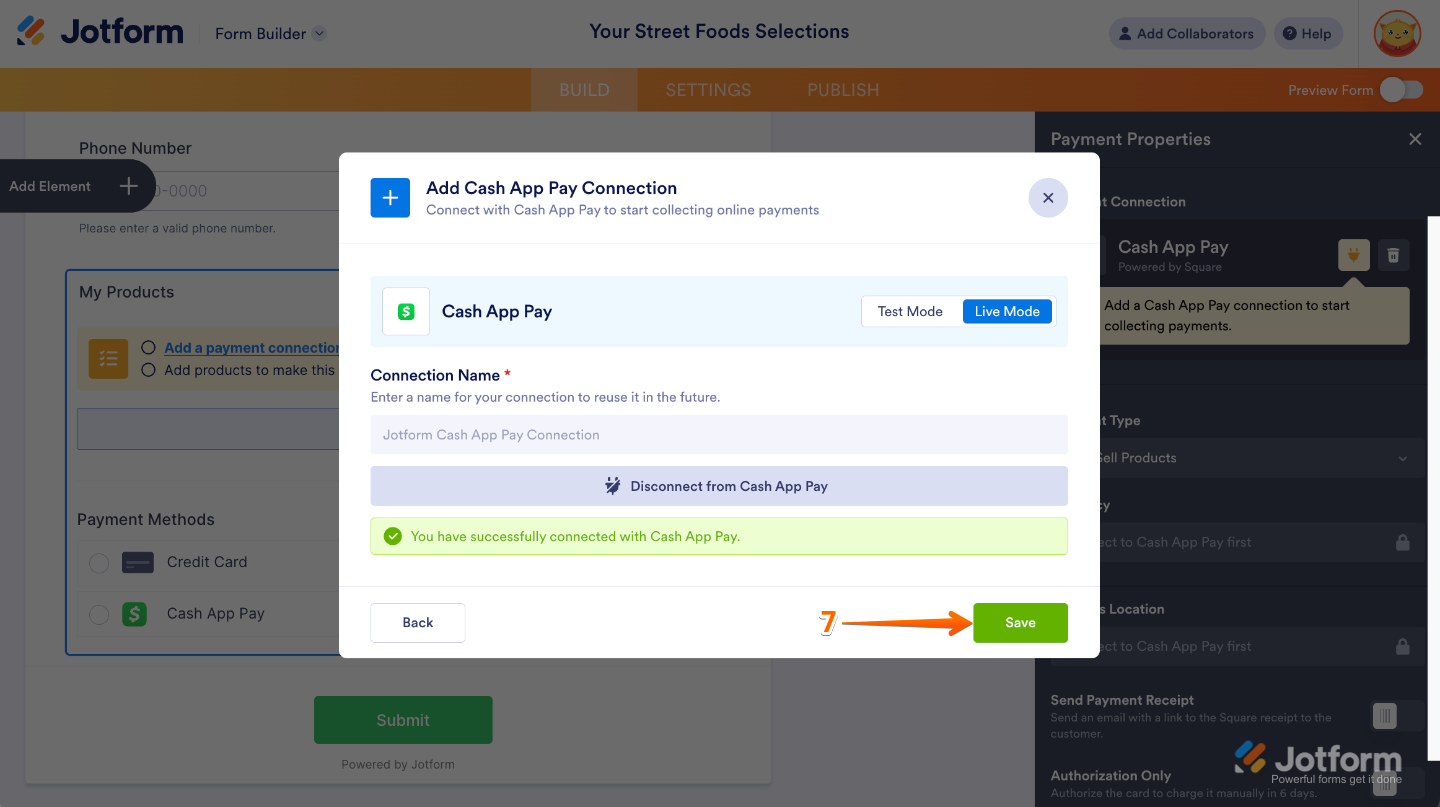 Cash App Pay integration settings screen showing the Save button highlighted after successfully connecting to Square