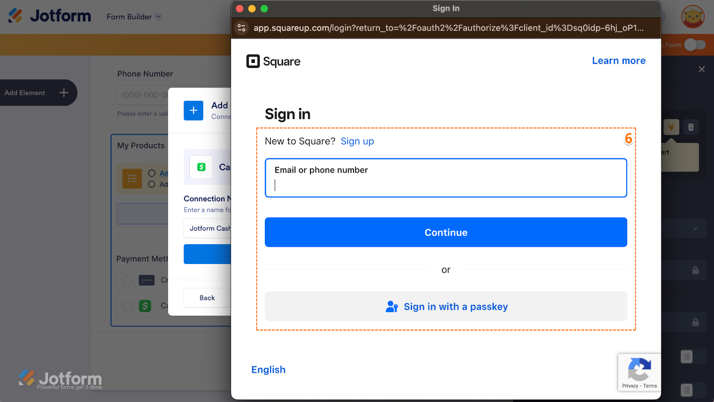 Square Sign In window prompting the user to enter their email address to log in and authenticate their Square account connection in Jotform Cash App Pay setup