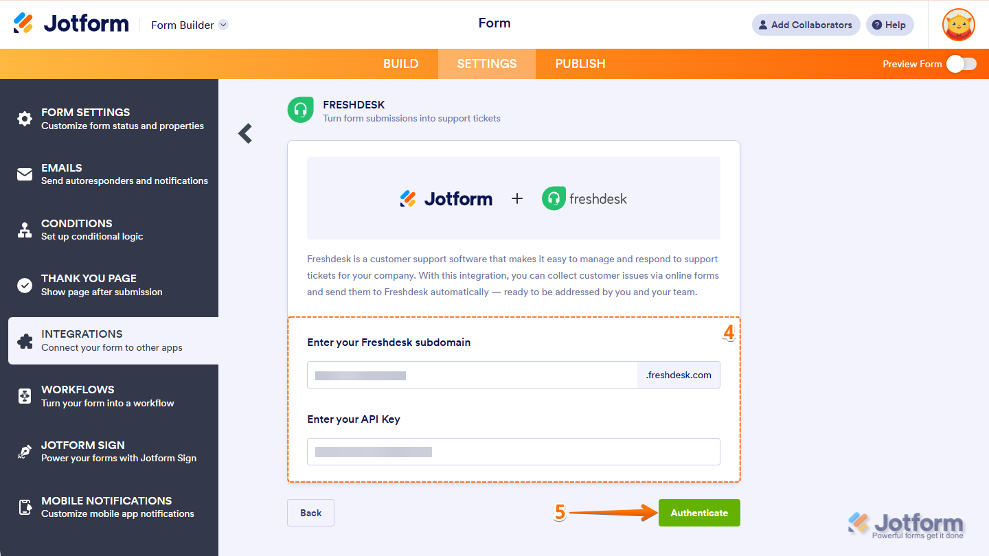 Freshdesk integration settings in Jotform with fields for subdomain and API key and Authenticate button