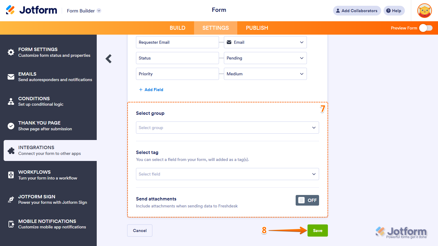 Freshdesk integration settings in Jotform with options to select group, add tag, enable attachments, and Save button