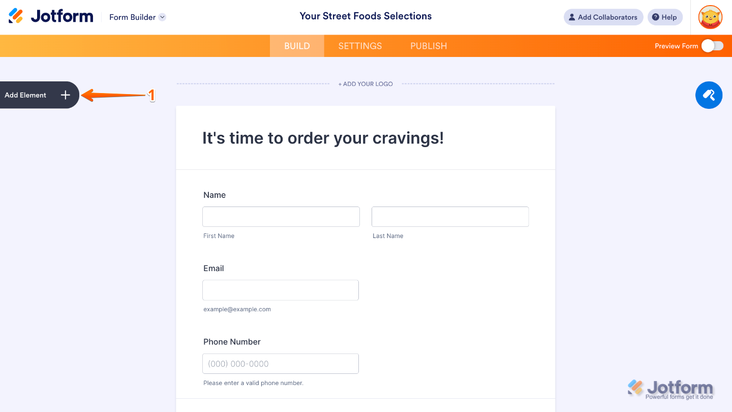 Form Builder interface highlighting the Add Element button on the left side panel to add fields and widgets to the form