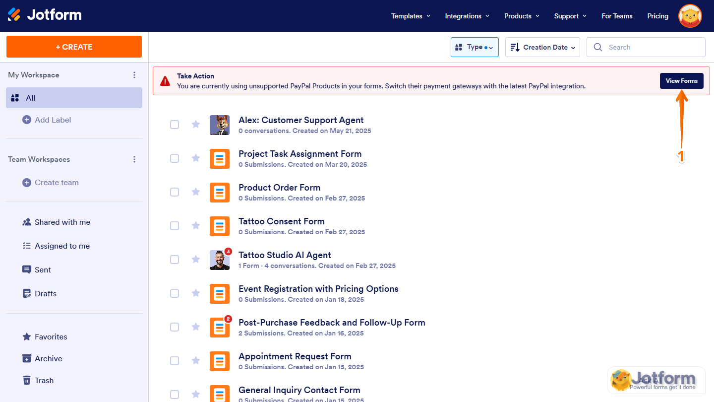 View Forms CTA banner in My Workspace page for PayPal Forms with an unsupported PayPal Integrations