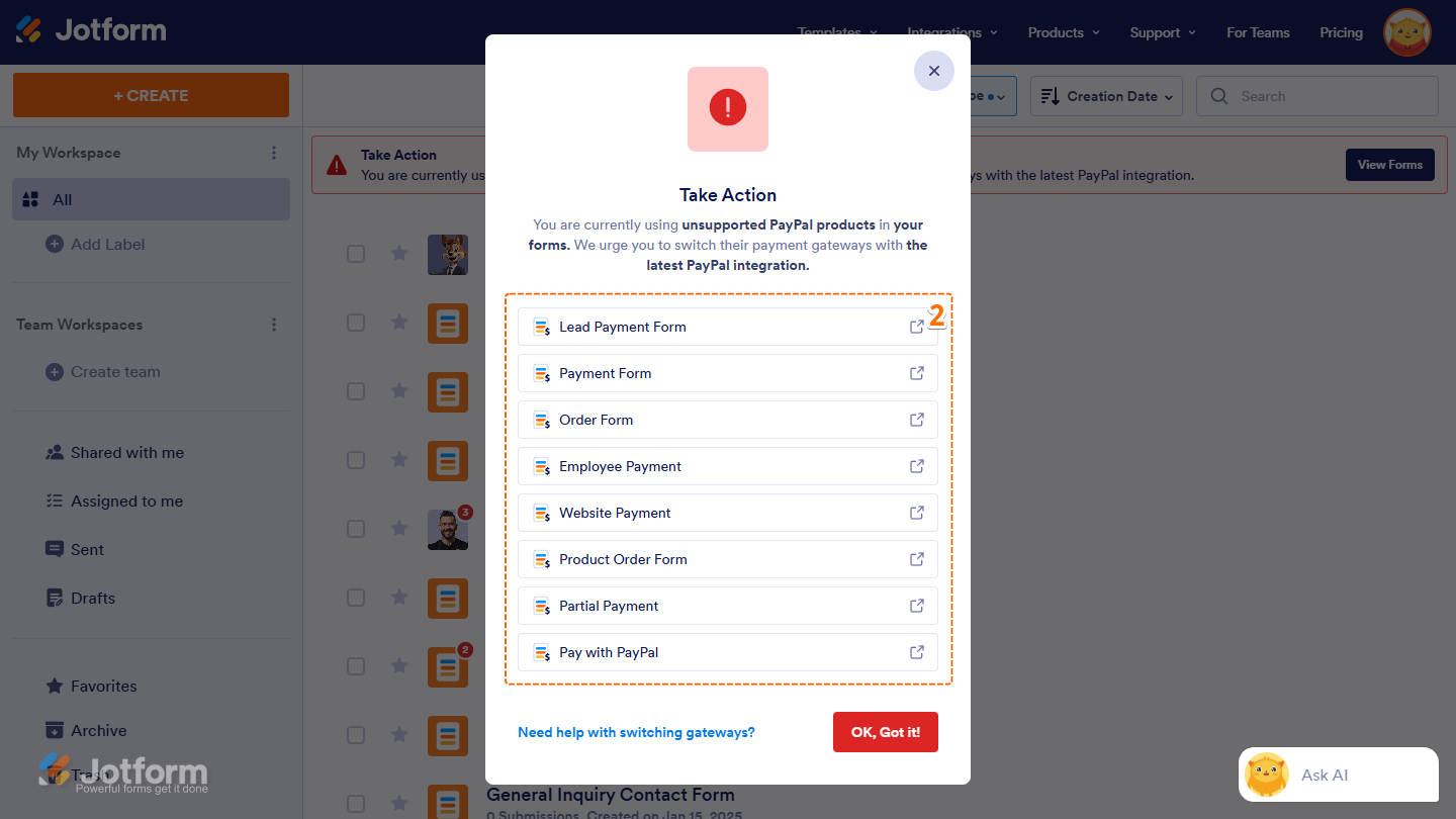 Take Action window in My Workspace page for PayPal Forms with an unsupported PayPal Integrations