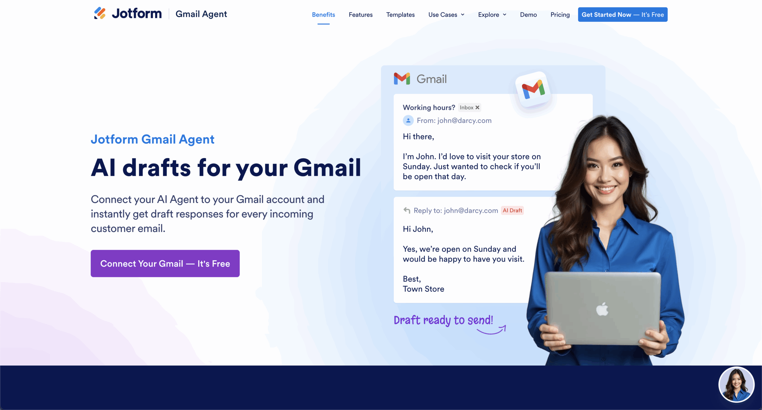 Screenshot of the Jotform Gmail Agent landing page