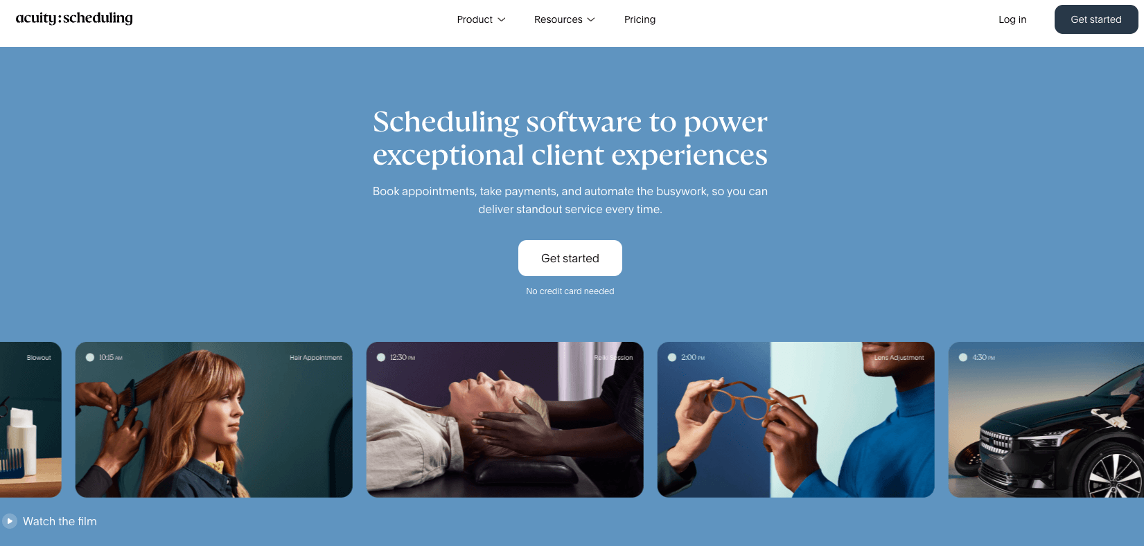 screenshot of acuity scheduling website homepage with the following words scheduling software to power exceptional client experiences