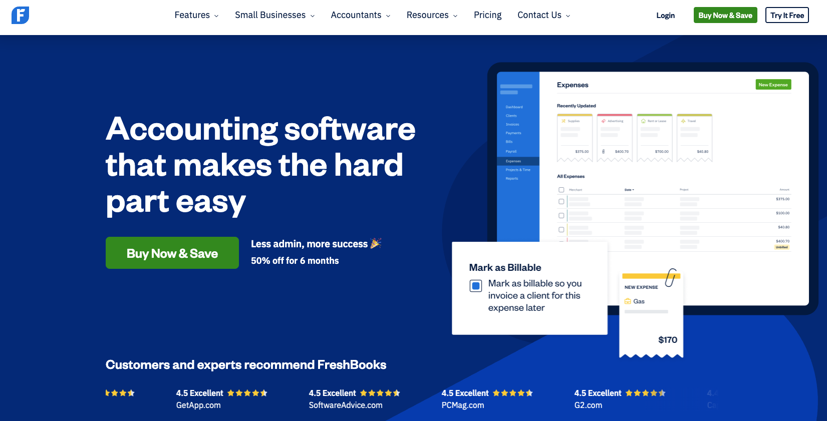 freshbooks website homepage with the words accounting software that makes the hard part easy